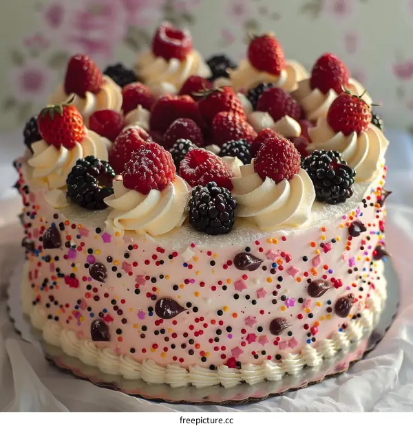 Pink Frosting Cake with Fresh Berries