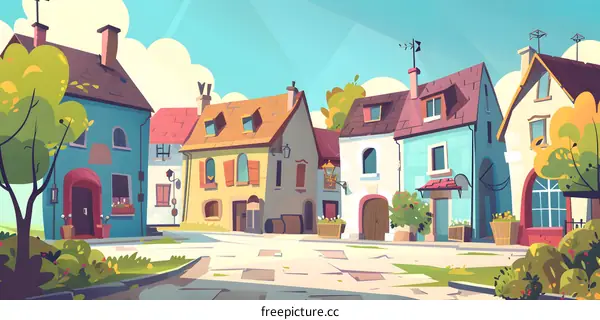 Cartoon Illustration Of A European Village