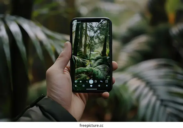 A Hand Holding a Phone Taking a Picture of a Tropical Forest