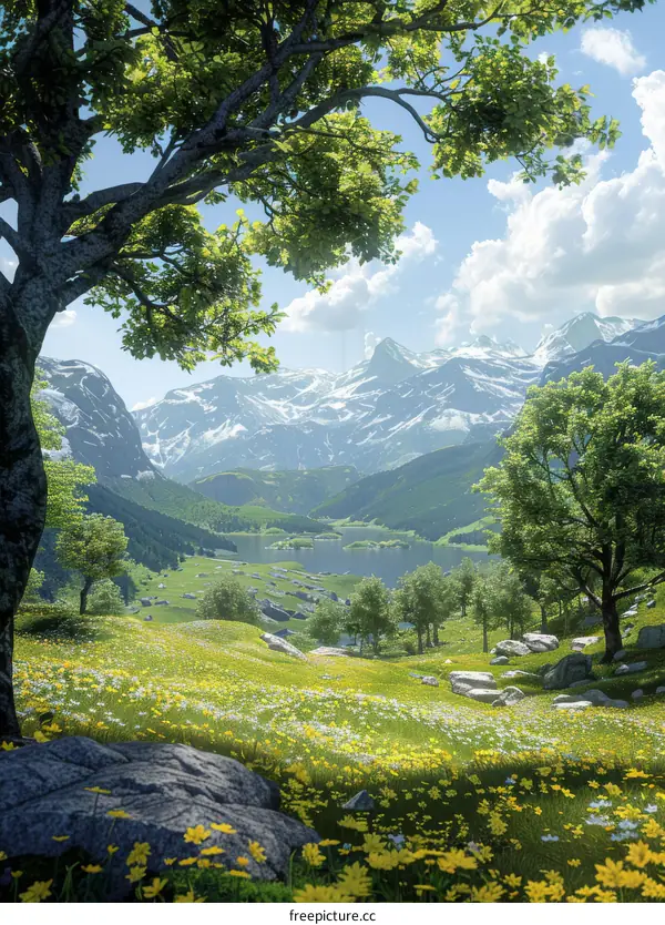 Tranquil Valley Landscape with Blooming Flowers and Trees