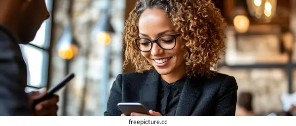 Smiling Woman Checking Her Phone in a Cafe