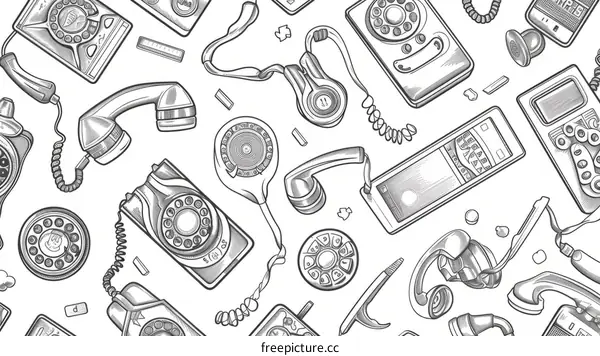 A seamless pattern of hand drawn vintage telephones
