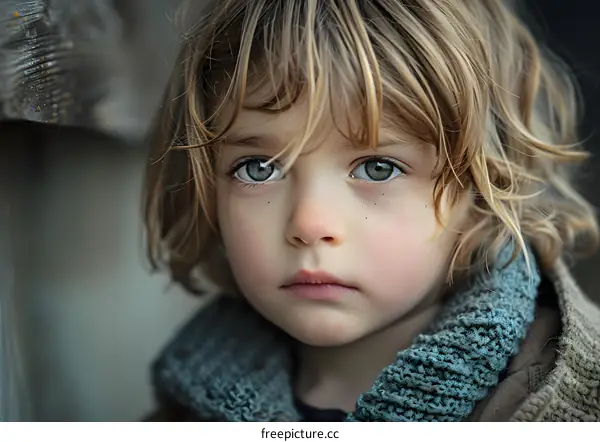 Portrait of a young boy with green eyes and blond hair