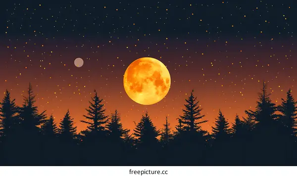 Night Sky with Full Moon and Stars over Forest Silhouette