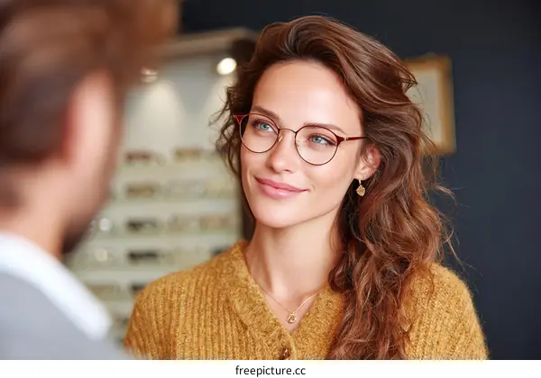 Woman Trying On Eyeglasses In Optical Shop
