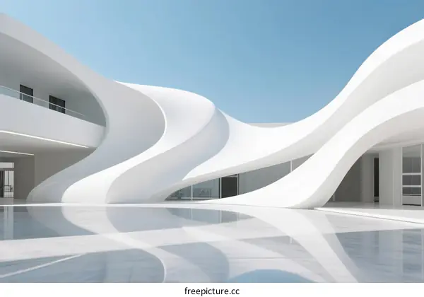 Sculptural White Curved Building with Reflective Water Courtyard