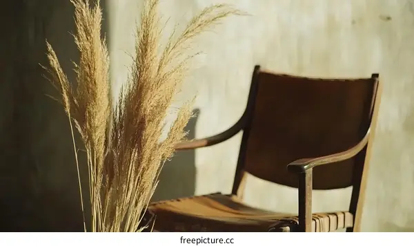 Leather Chair with Pampas Grass in Minimalist Interior
