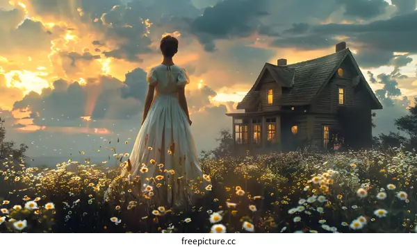 girl in white dress standing in a field of flowers looking at a house