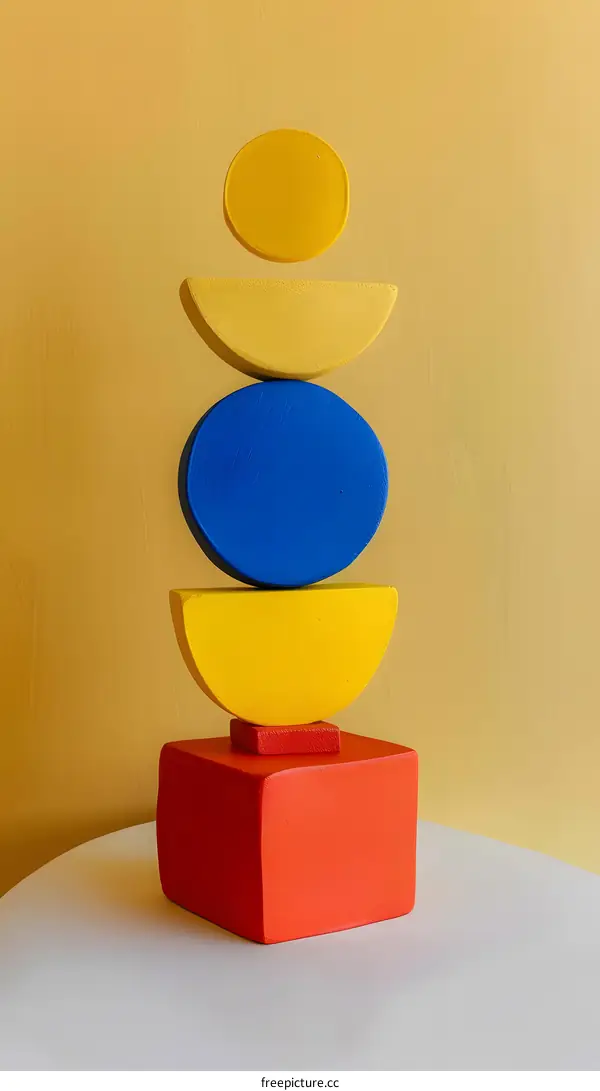 Abstract Geometric Shapes Wooden Sculpture  Yellow Blue Red