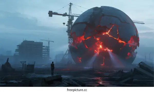 A Large Lava Globe in a Construction Site Under Cloudy Sky