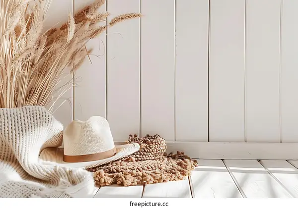 Boho Chic Interior Design with Straw Hat and Dried Grass