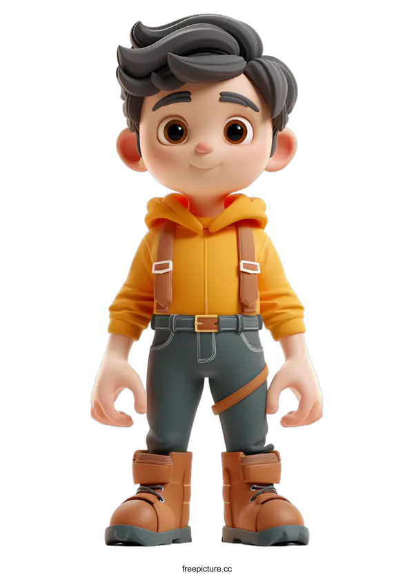 [Transparent Background PNG]3D Cartoon Illustration of a Boy Wearing a Yellow Hoodie