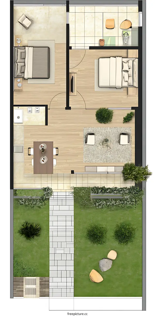 Top View Illustration of a Modern Home Design with a Patio and Garden