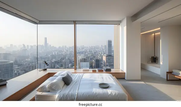 Modern bedroom with a city view