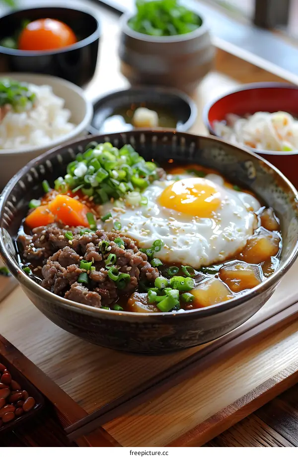 Japanese meal set with beef and egg