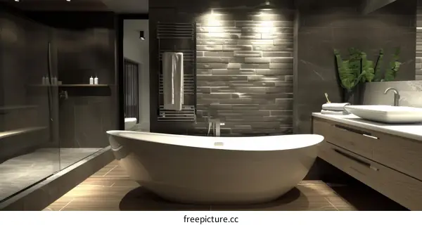 Modern Bathroom Design with Freestanding Tub and Grey Tile Walls