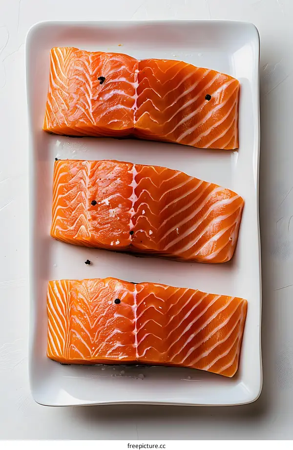 Three pieces of raw salmon fillet on a white plate