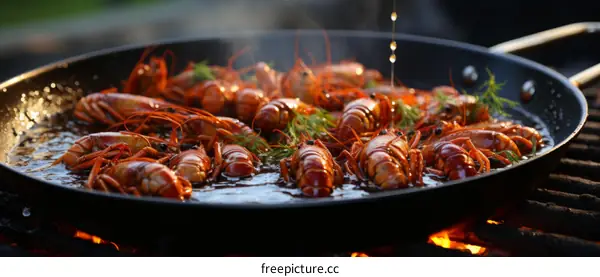 A delicious plate of crayfish is being cooked over an open fire