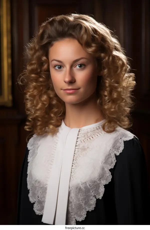 Portrait of a young woman with curly hair wearing a white collar
