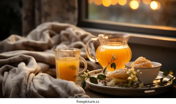 Cozy still life with orange juice and pastries