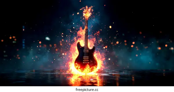 Burning Electric Guitar in Night Scene