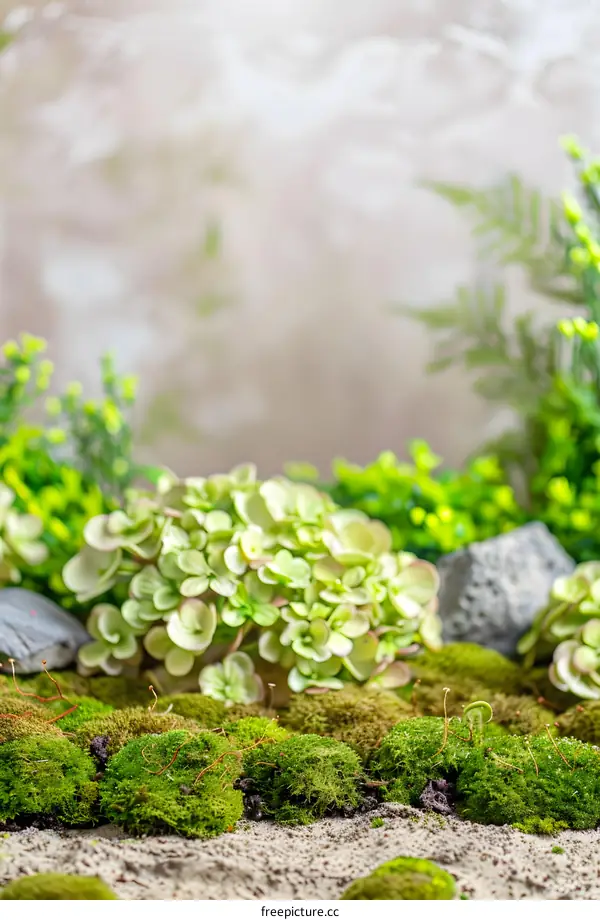 Green Moss and Plants on Sand with Blurred Background