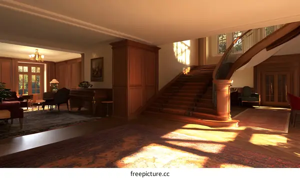 Classic Mansion Interior Design with Wooden Staircase and Carpeted Floor