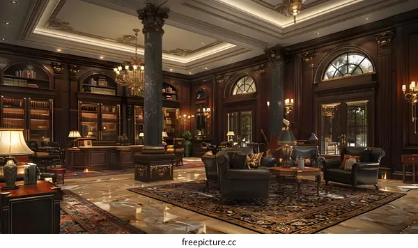 Dark Wooden Library Interior Design with Ornate Details