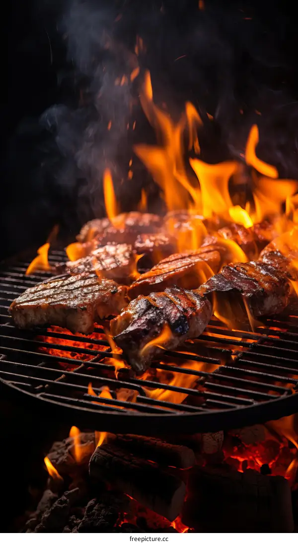 A group of pork steaks sizzling on a flaming hot grill