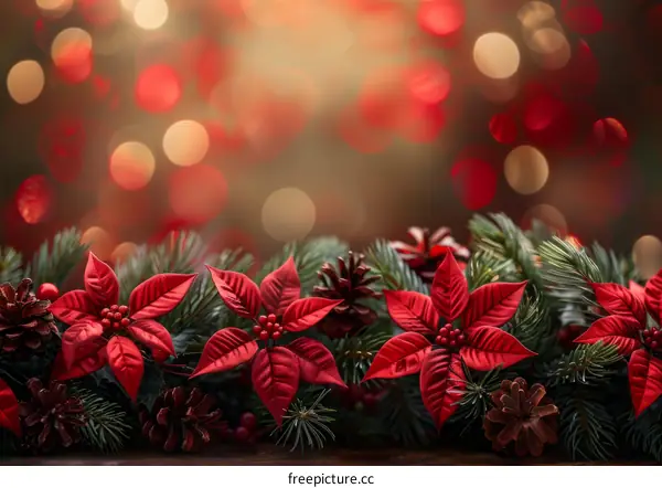 Festive Poinsettia and Pine Cones with Gold and Red Lights
