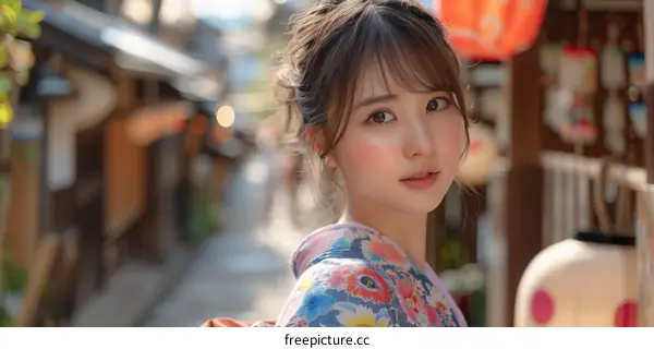 Young Woman in a Floral Kimono Standing in a Japanese Street