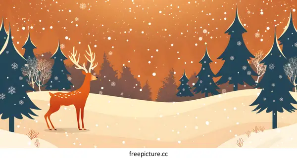 A deer standing in the snow with many trees around.