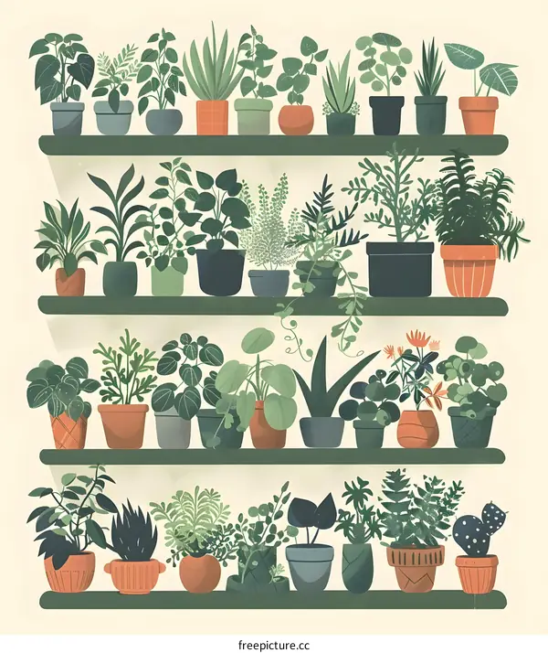 Collection of Potted Plants on Shelves Illustration