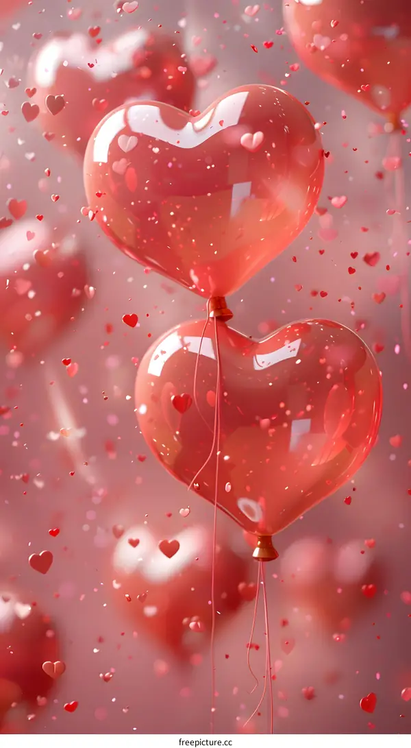 Two red heart-shaped balloons with red heart-shaped confetti falling in the background