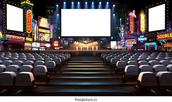 Empty Stage with Cityscape Background and Blank Screen