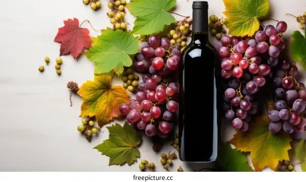 A bottle of red wine with grapes and autumn leaves