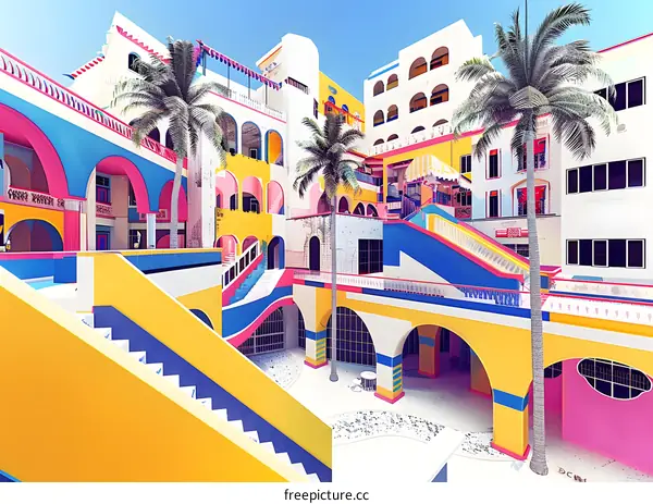 Colorful Modern Building Architecture With Palm Trees