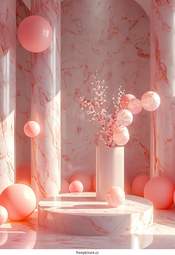 Pink Marble Display Platform with Balloons and Blossoms