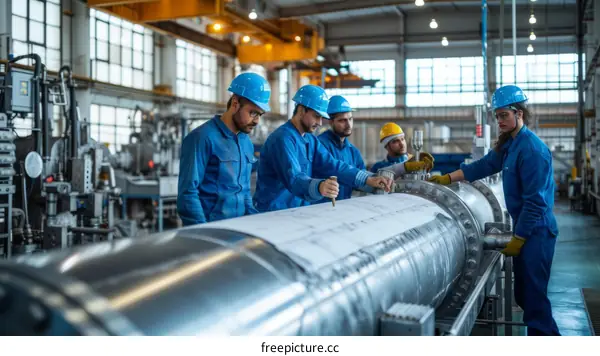 A group of engineers discussing a project in a factory.