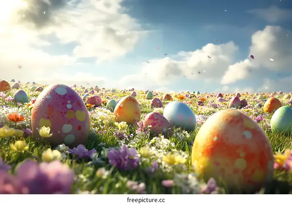 Colorful Easter Eggs in a Flowery Field