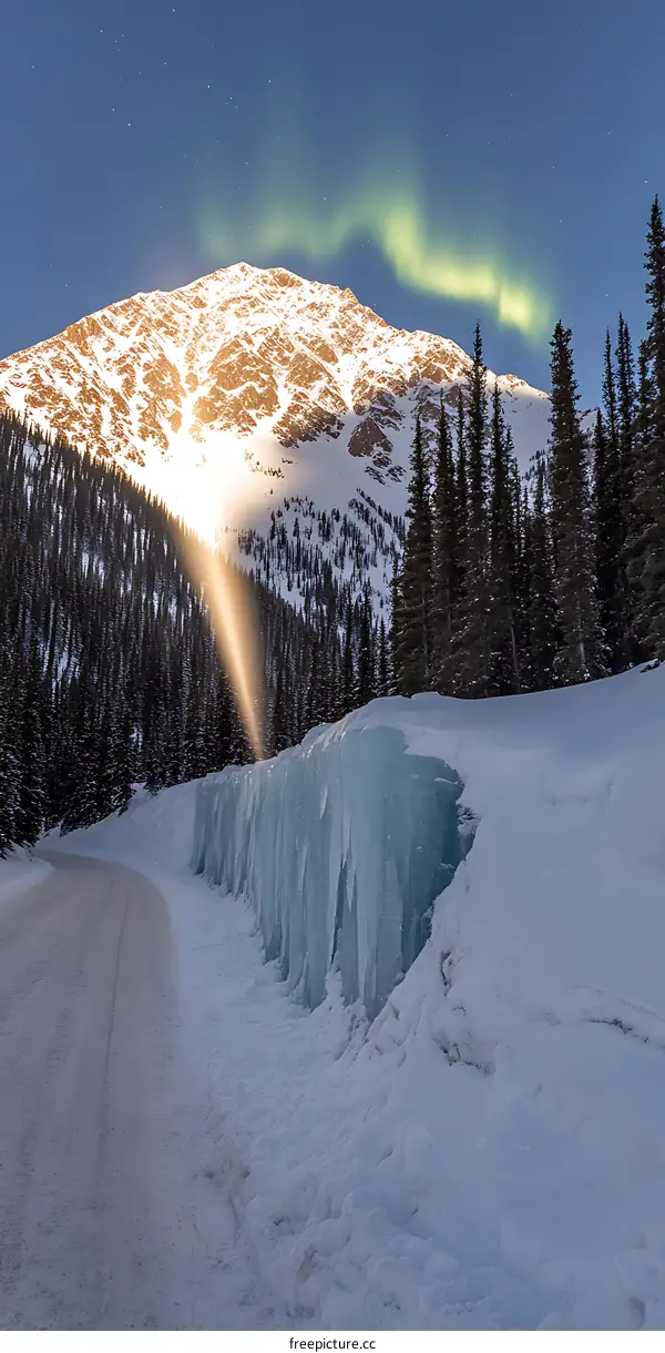 Mountain Road with Icicle Wall and Northern Lights