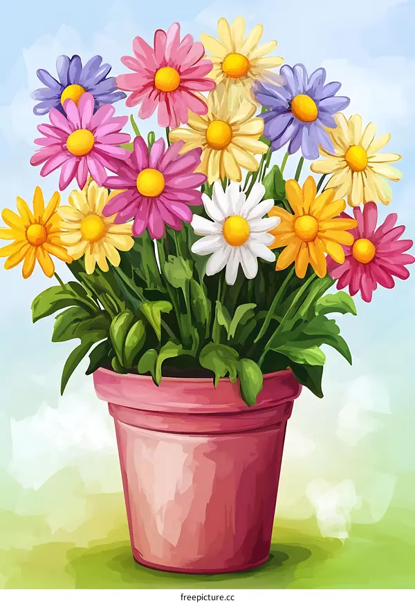 Colorful Daisy Flowers in Pink Pot on Green Grass Background