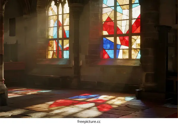 Stained Glass Windows Casting Colorful Patterns in Church Interior
