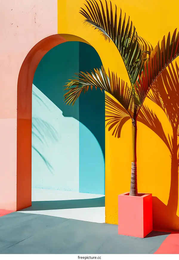 Colorful Palm Tree Against a Wall With an Archway