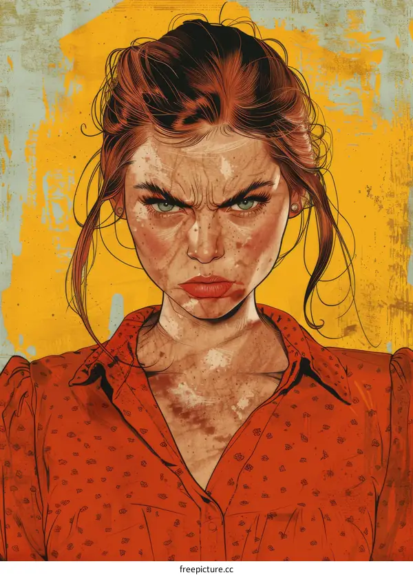 Portrait of a redhead woman with freckles and a stern expression