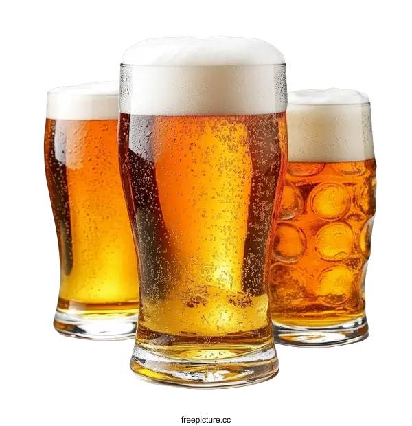 [Transparent Background PNG]Three Beer Glasses with Frothy Beer