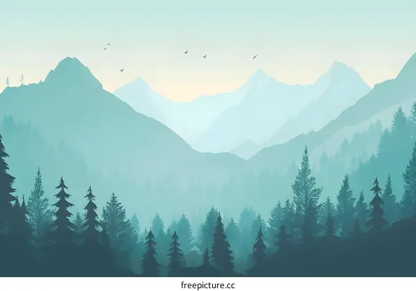 Mountain Landscape with Pine Trees in Fog