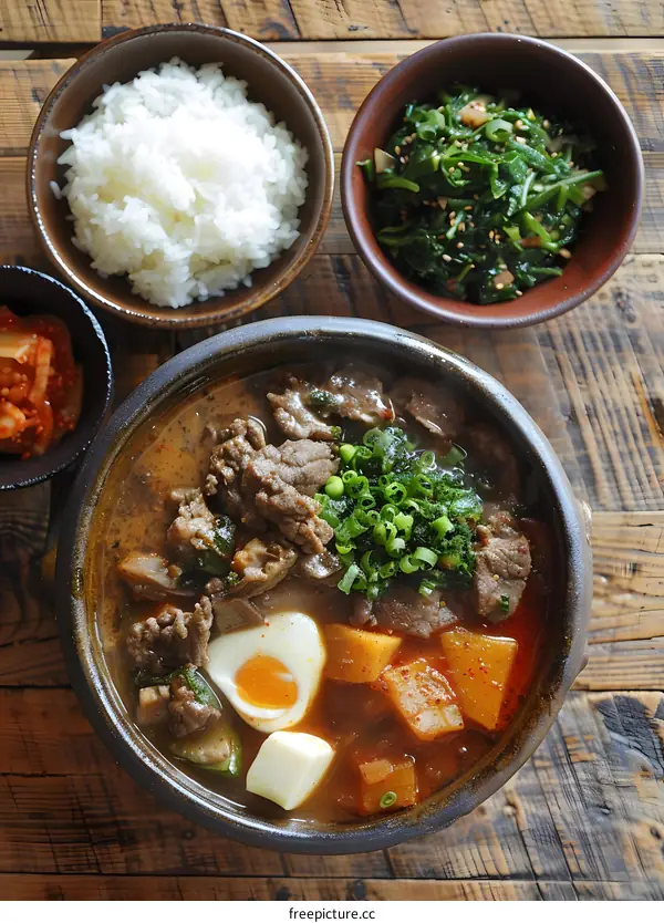 Spicy Beef Stew with Rice and Side Dishes