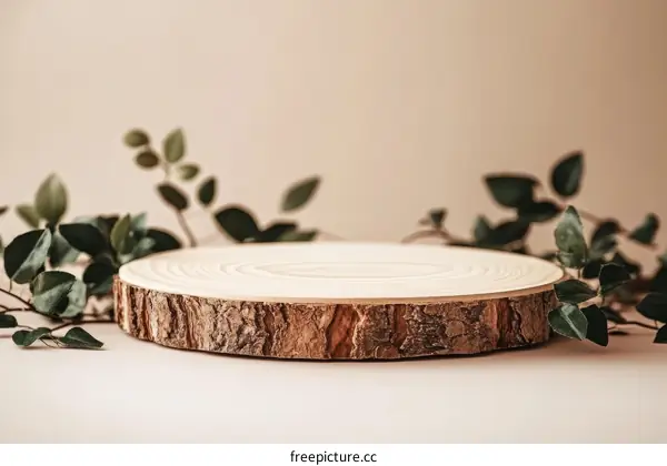 Wooden Slice Display with Greenery Background