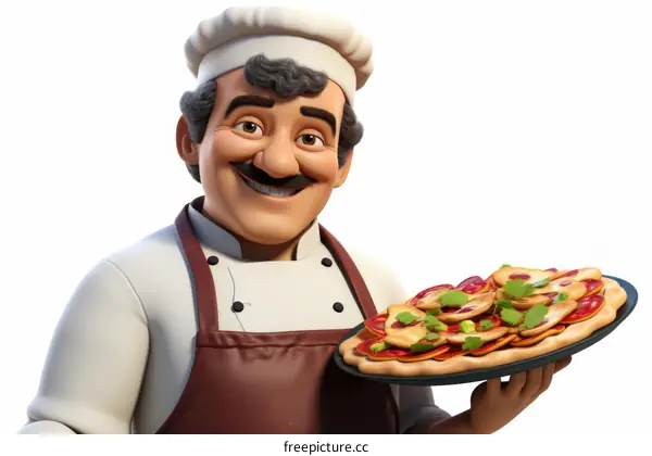 A chef is holding a pizza